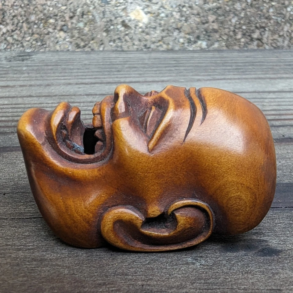 Máscara de madera japonesa antigua Netsuke Mennetsuke Japón​ Foto 3 de 4