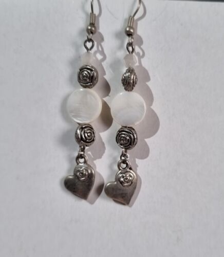 Handmade Silver Tone Rose & Heart Beads & Off White Shell Drop Earrings - Picture 1 of 1