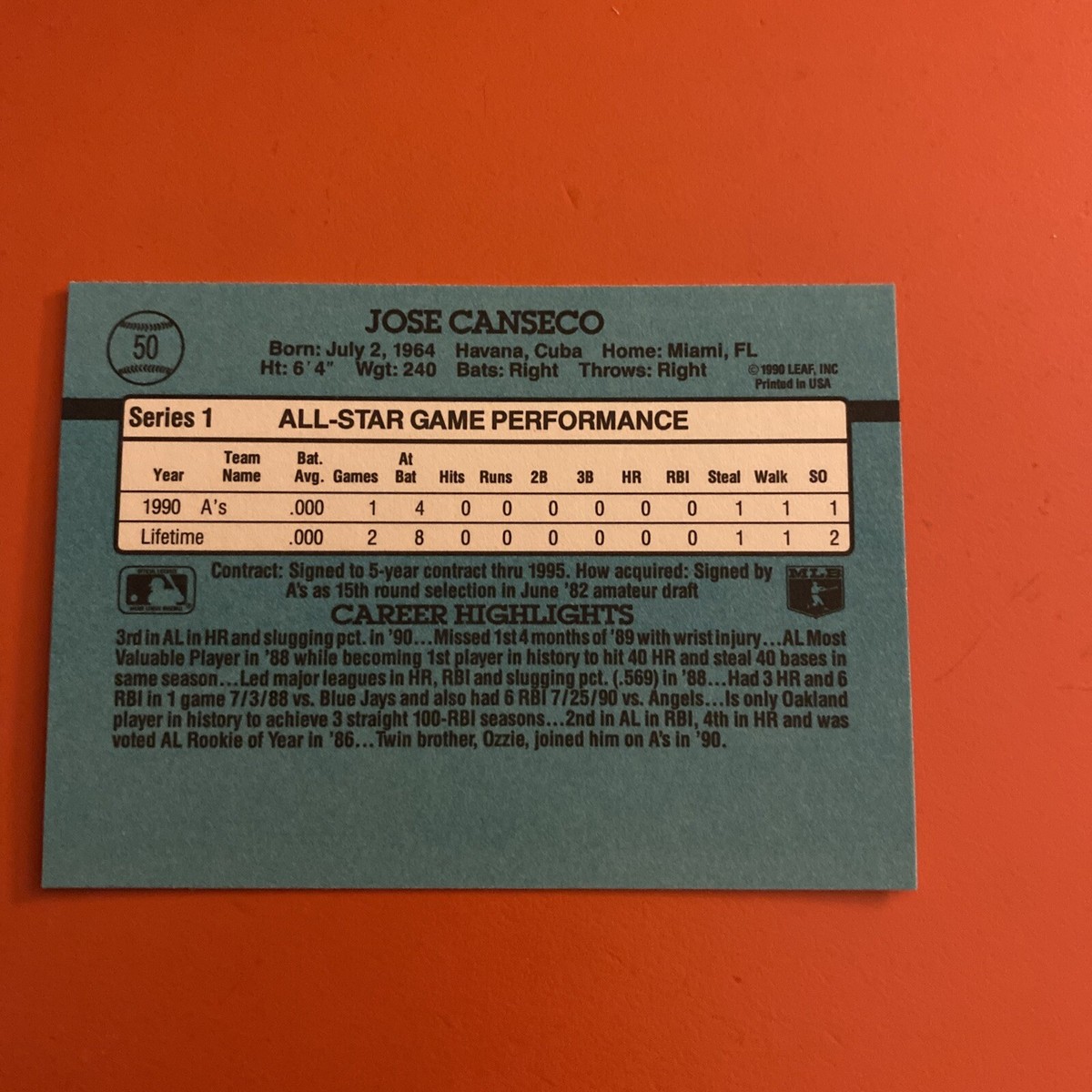 STATS ERROR ~ 1990 Leaf Jose Canseco #50 All Star Rookie Baseball