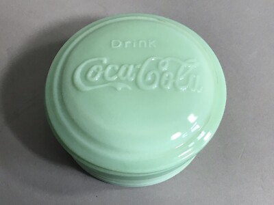 Coca-Cola Jadeite Green Glass Covered Jar 4 1/2  Diameter Exc Cond