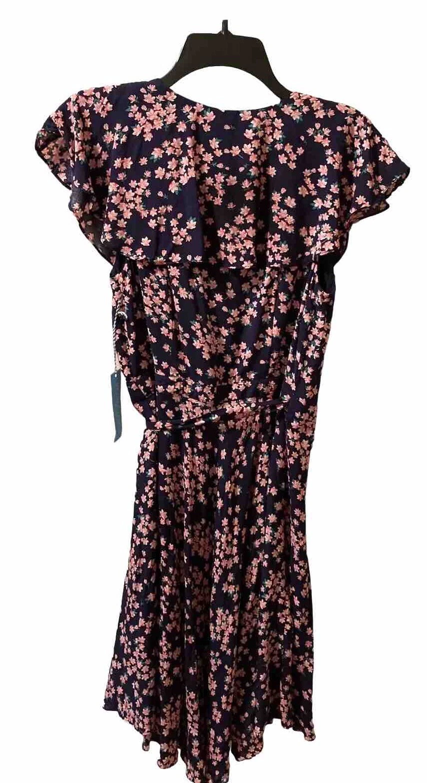 VETEMENTS Abito Draper James RSVP nuovo con etichette volant floreale avvolgente rosa navy floreale taglia M