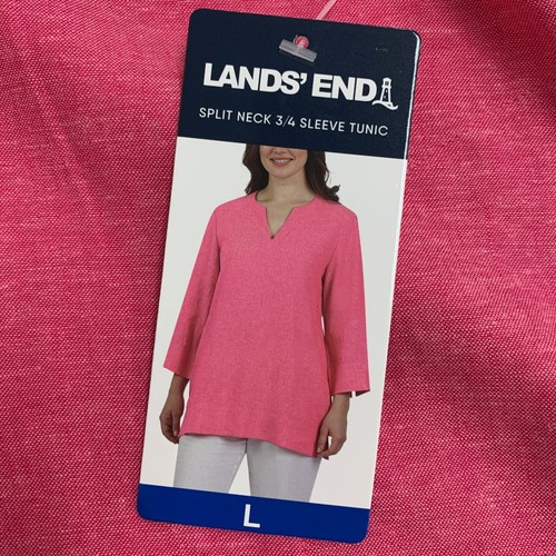 Lands End Blouse Women L Large Pink Split Neck Quarter Sleeve Tunic Linen Blend - Picture 11 of 15