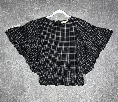 LOFT Batwing Ruffle Sleeve Windowpane Print Top Womens Size XS Black White Rayon