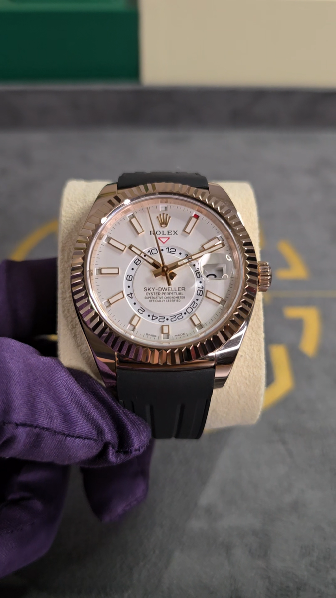 ROLEX SKY-DWELLER 42MM 326135 18K ROSE GOLD WHITE DIAL LEATHER