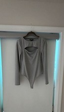 Express Gray Ribbed Long Sleeve Cutout Bodysuit