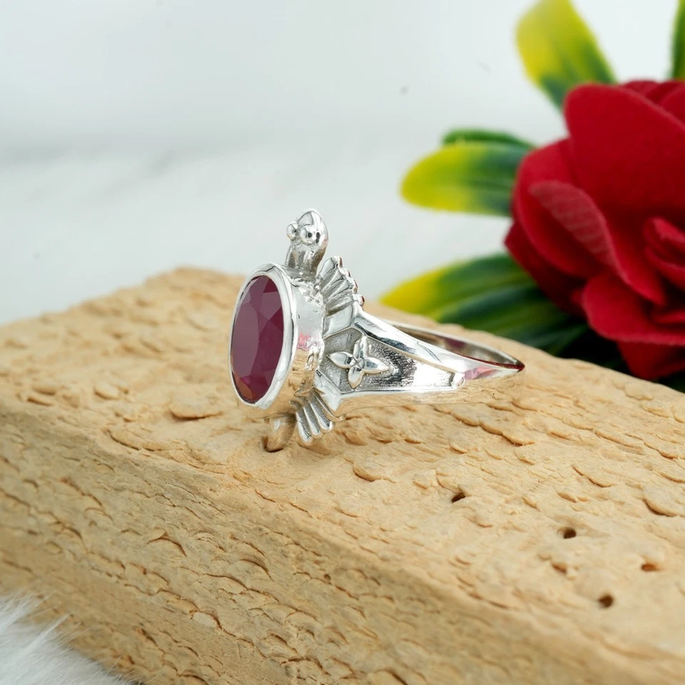 Anel masculino de prata esterlina rubi natural pedra preciosa feito à mão joias de rubi para presente - Imagem 2 de 4