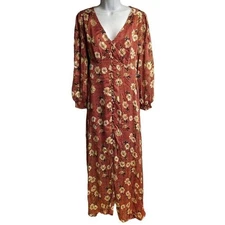 Boho Cottagecore Floral Midi Dress Rust Red Print Buttons Puff Sleeve Small