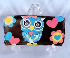 Owl Wallet Zip Around Snap Flap Clutch Diamond Eyes Hearts Scarf Blue Birds