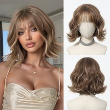 Short wavy wig withbangs Brown Synthetic for Girls Daily Party Use10"