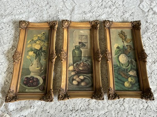 Set of 3 Vintage Floral and Fruit Still Life Paintings in Ornate Gold Frames