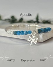 Snowflake Charm Apatite Bracelet, Christmas Silver Jewellery, Healing Crystals