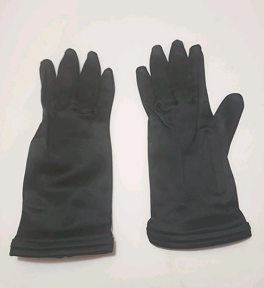 LUVAS DE CETIM PRETAS VINTAGE DÉCADA DE 1960 comprimento do pulso tamanho 6 1/2 Meyers Make novas sem etiquetas - Imagem 3 de 4