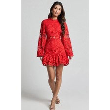 NWT Showpo Kiss Me Now Mini Dress All Over Crocheted Lace Women's 8 Red Romantic