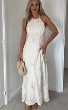 ZARA LINEN BLEND CREAM ECRU HALTER DRESS FLORAL EMBROIDERED SIZE XS 8308/853/303
