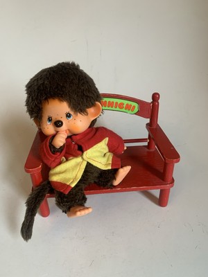 Old Monch Chichi Monchichi on Mon Cchichi Bench Wooden Vintage Collectors