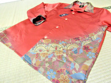 Japanese Antique Silk Kimono Shirt Long Sleeve S Rust Orange Border