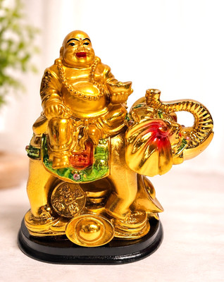 Goldener Glücks-Buddha auf Elefant  Feng Shui Figur für Reichtum Glück & Erfolg