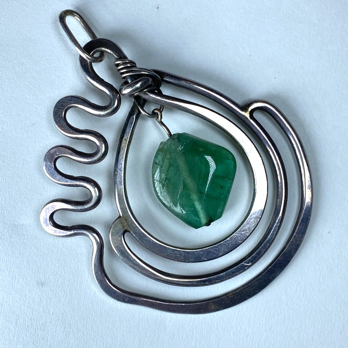 HENRY STEIG STERLING SILVER Designer Pendant Modernist Abstract Green Stone 21g View 5