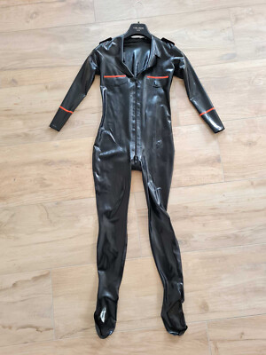 Latex Catsuit Damen Gr. S schwarz/rot im Military Style m. 3-Wege-Zipp