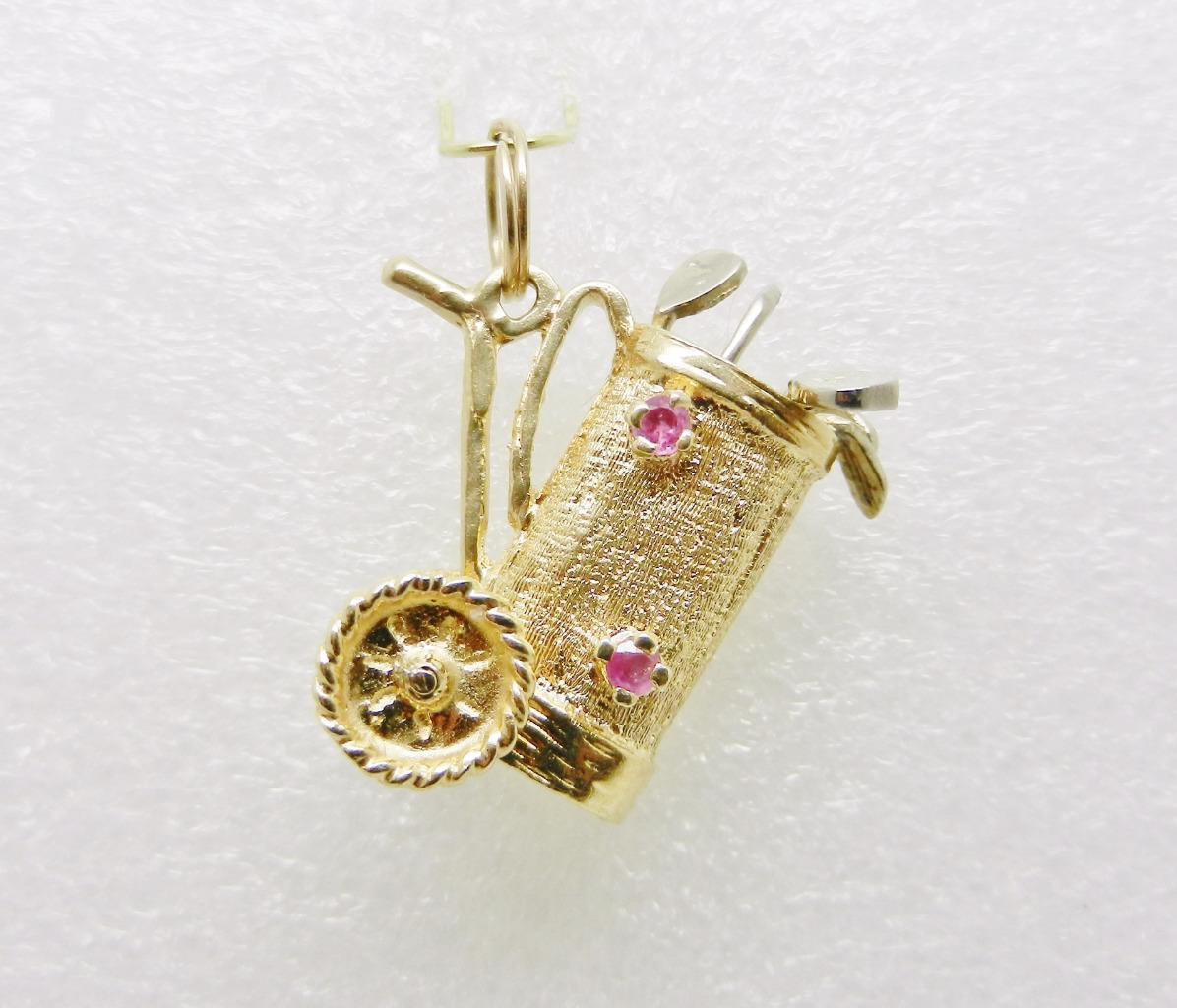 14K Yellow Gold Golf Bag with Clubs Ruby & Sapphire Charm