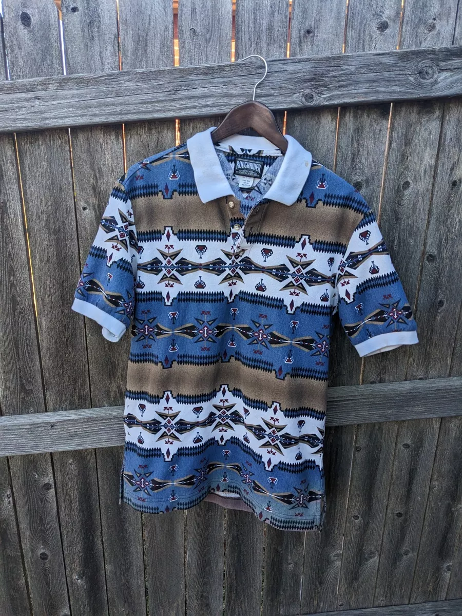 Vintage 90s All Over Print Aztec Pattern Short Sleeve Western Polo Shirt Size M