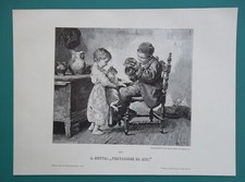 LITTLE BOY & GIRL Cat Tease Mouse in Cage - 1888 Victorian Era Print