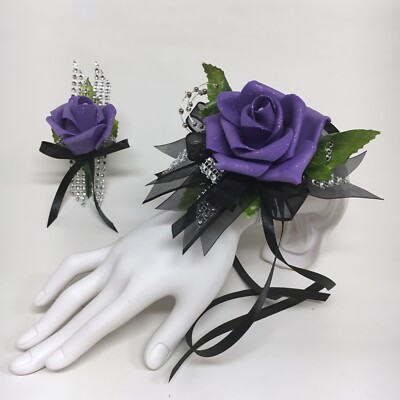 Glamour Single Purple Foam Roses on Black with Silver  Prom Corsage  Combo