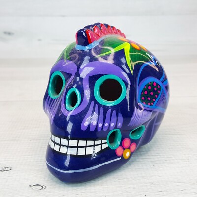 Hand Painted Mohawk Skull Day of the Dead Blue Mexico Dia De Los Muertos 4 x 5''