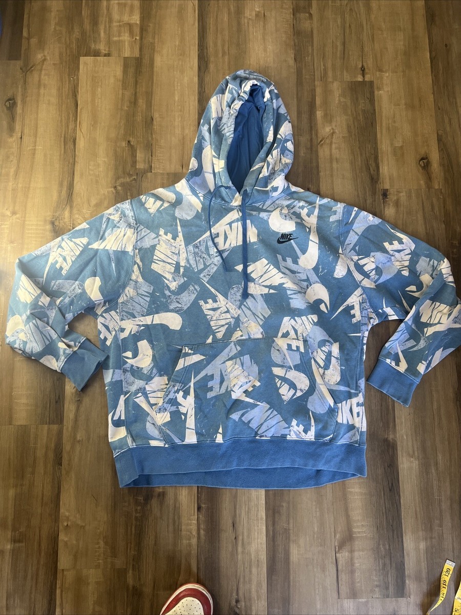 Nike Essentials+ All Over Print Fleece Pullover Hoodie Blue SZ