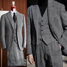 1/2/3Piece Men's Suit Gray Herringbone Wolen Men's Suits for Fall Business