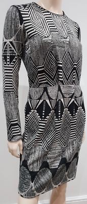 MW MATTHEW WILLIAMSON Grey & Cream Tribal Print Long Sleeve Dress I42 UK10