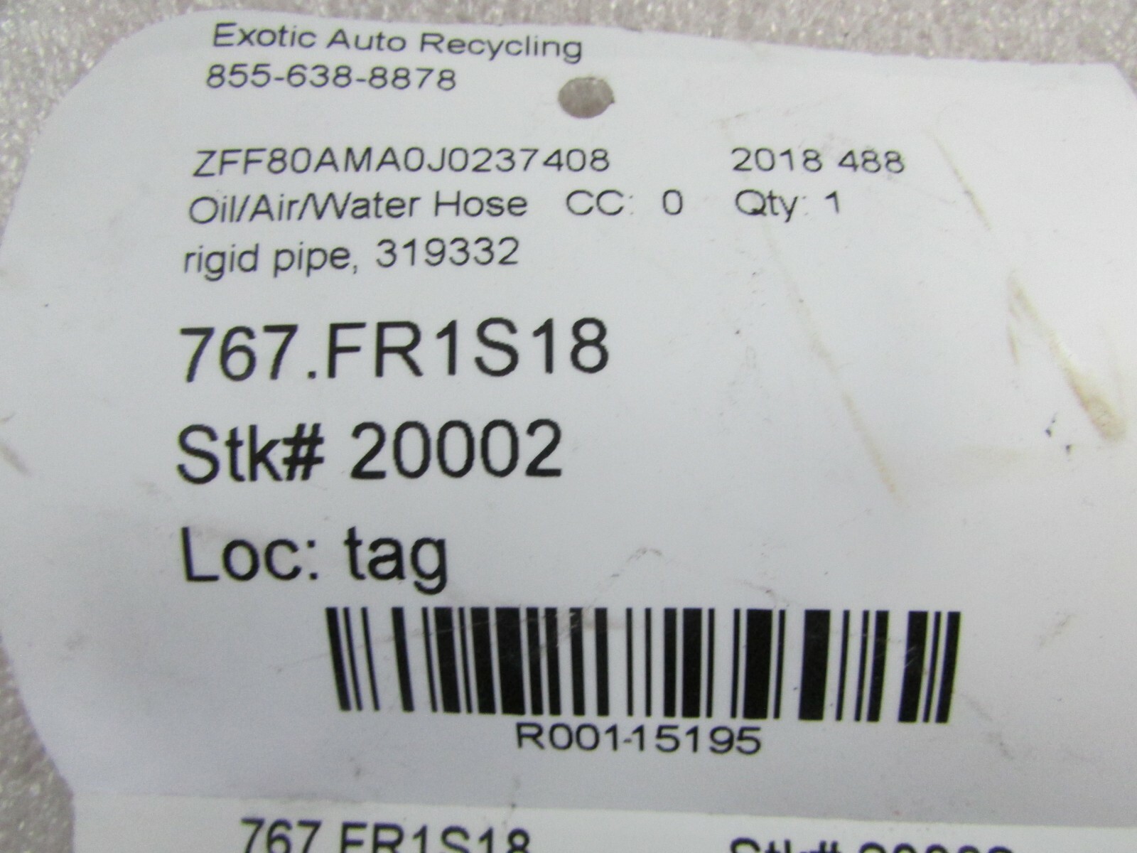 Ferrari 488, Rigid Pipe, Used, P/N 319332