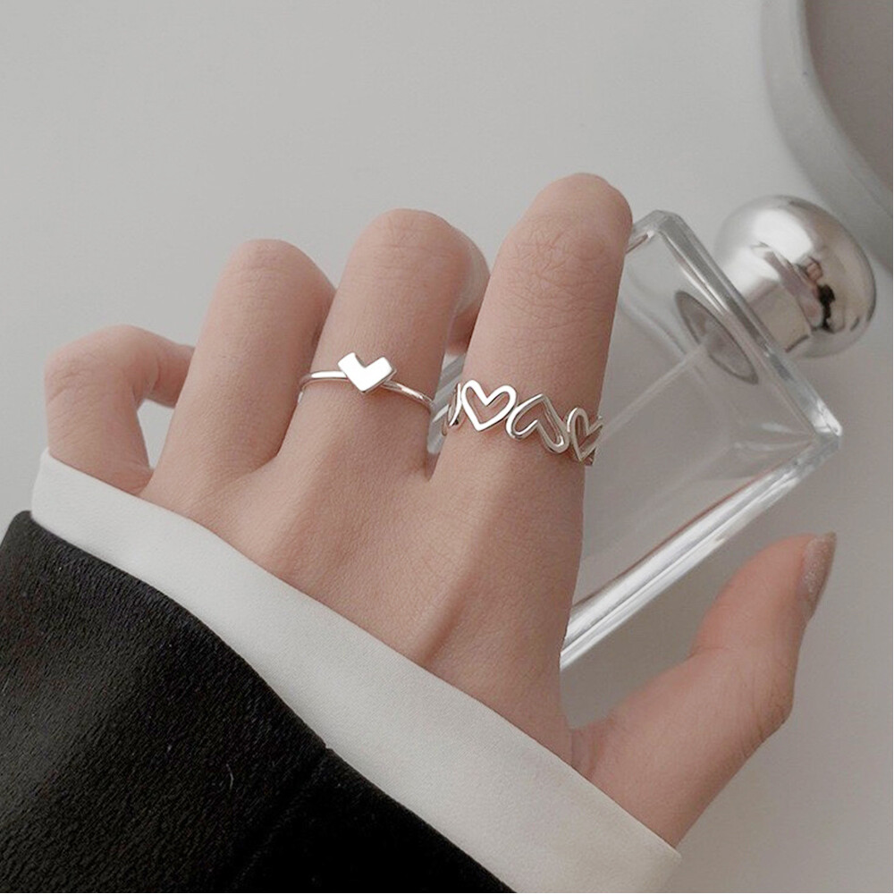 2Pcs/Set Silver Color Rings Hollowed Heart Shape Open Ring Fashion