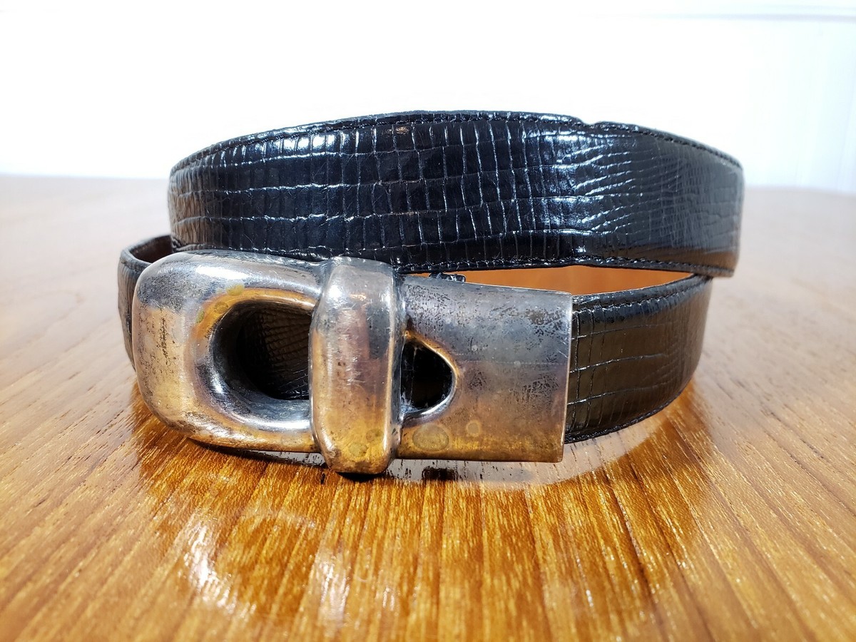 BRIAN TOOHEY 925 Sterling Silver Buckle Snake Embossed Leather Belt Medium