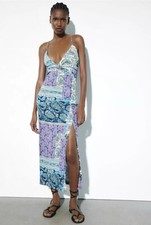 Zara Blue Printed Midi Dress with Knot Women's UK Size S