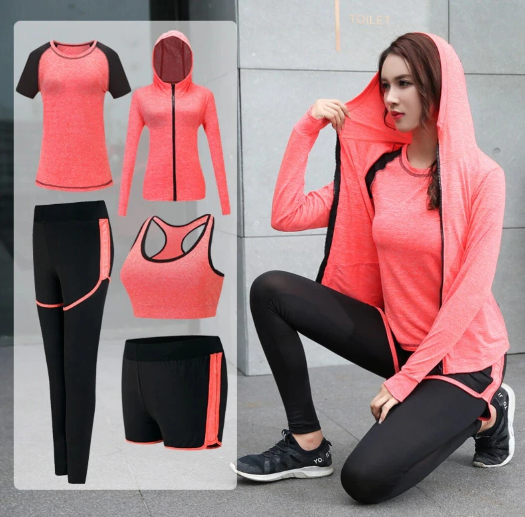 4-5 Pcs Yoga Women Set Sweater Jacket Sport Bra Workout Legging Pants Gym  Shorts