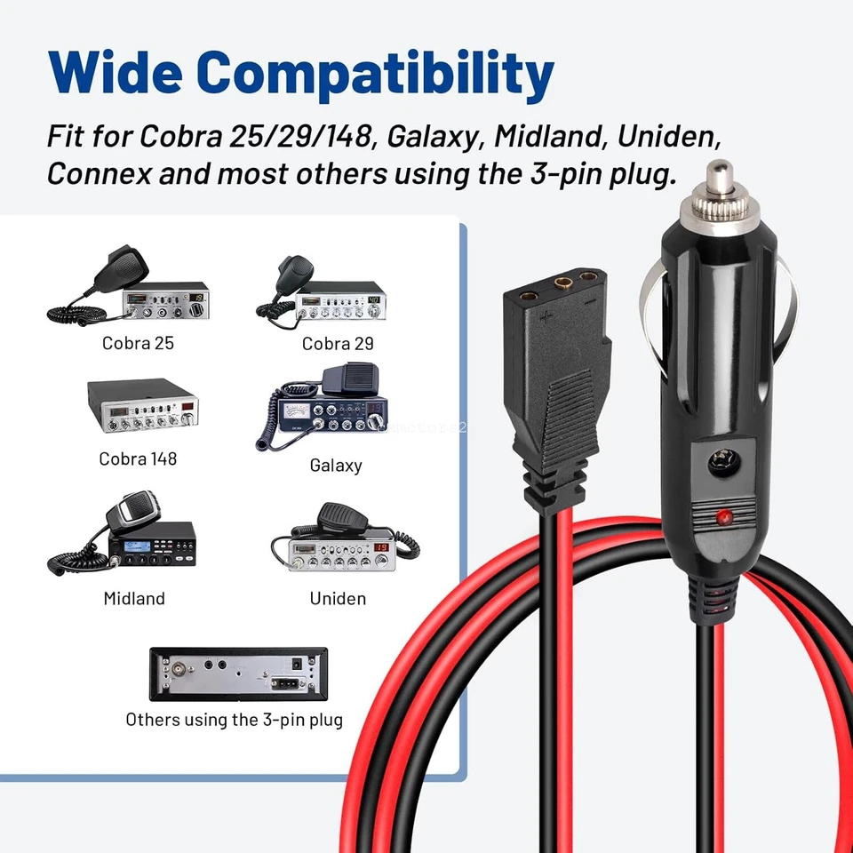 Cable de alimentación CB cable de enchufe de 3 pines con enchufe de encendedor de cigarrillos de 12 V para Uniden Galaxy Foto 2 de 4