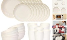 32 Piece Plates and Bowls Sets for 8, Unbreakable Beige Service For 8