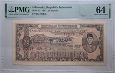 Indonesia Banknotes 25 Rupiah 1947  ORI II  PMG 64 Choice Uncirculated - P.23