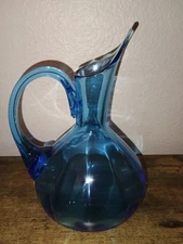 Rainbow or Blenko Art Glass Hand Blown Blue Optic Pitcher Applied Handle 8.5”