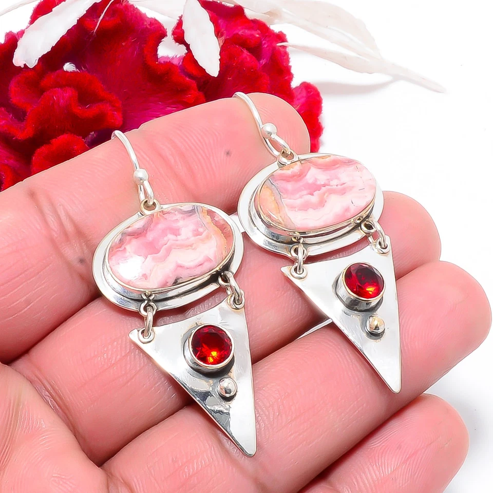 Rhodochrosite - 阿根廷和红色石榴石 925 纯银耳环 2.15 英寸 E83814 — 第 2/4 张图片