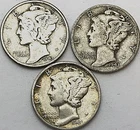 3 Mercury Dimes LOT 90% SILVER 10c ⭐ FINE or Better dime ✯ DIFFERENT DATES ⭐ F +