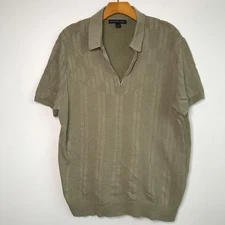 Saks Fifth Avenue Men Polo Sweater XL Taupe Linen Knit Short Sleeve Collared Zip