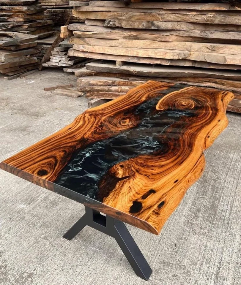 48" x 24" Custom Handmade Chestnut Wood Epoxy Table | Glossy Black & White Epoxy - Image 2 of 4