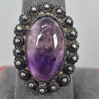 Vintage Sterling Silver Floral Ring W/ Oval Purple Amethyst Gemstone Size 8.25
