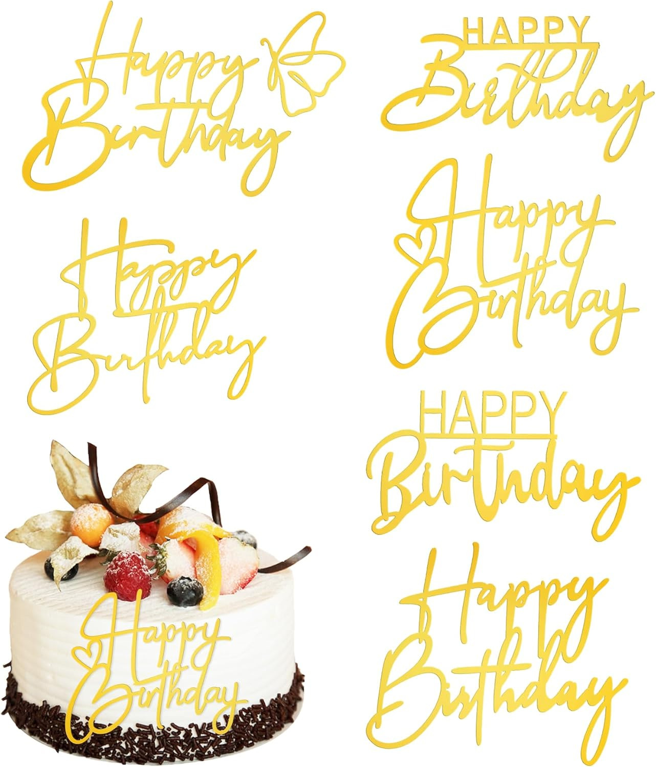 Happy Birthday Cake Toppers, 6 PCS 6 Styles Gold Cake Inserts Cupcake Toppers...