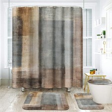 Beige Grey Abstract Bathroom Set with Shower Curtain and Rugs Accessory, Pain...