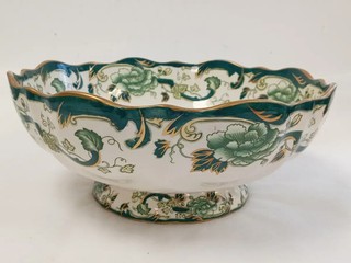 Masons Chartreuse Ironstone Pedestal Bowl Green Floral 10" Diameter x 4" Deep