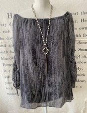 Halston Black Stripe Chiffon Off-Shoulder Woven Blouse 8 New