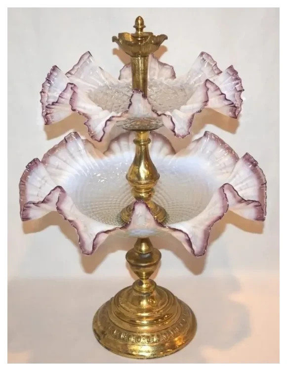 Antique 19thC Victorian Art Glass Two Tier Epergne, Centerpiece